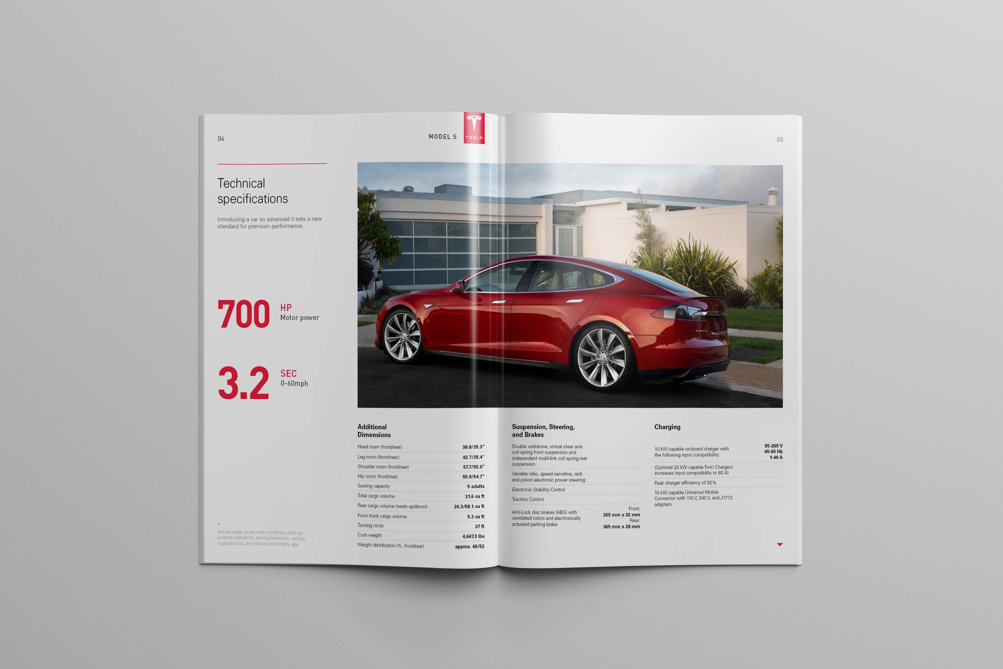 Tesla Model S technical specifications spread combining performance data, detailed vehicle information, and full-width product photography.