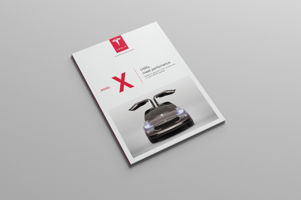 Tesla Model X technical specifications catalog cover featuring a front view of the vehicle with falcon-wing doors open.