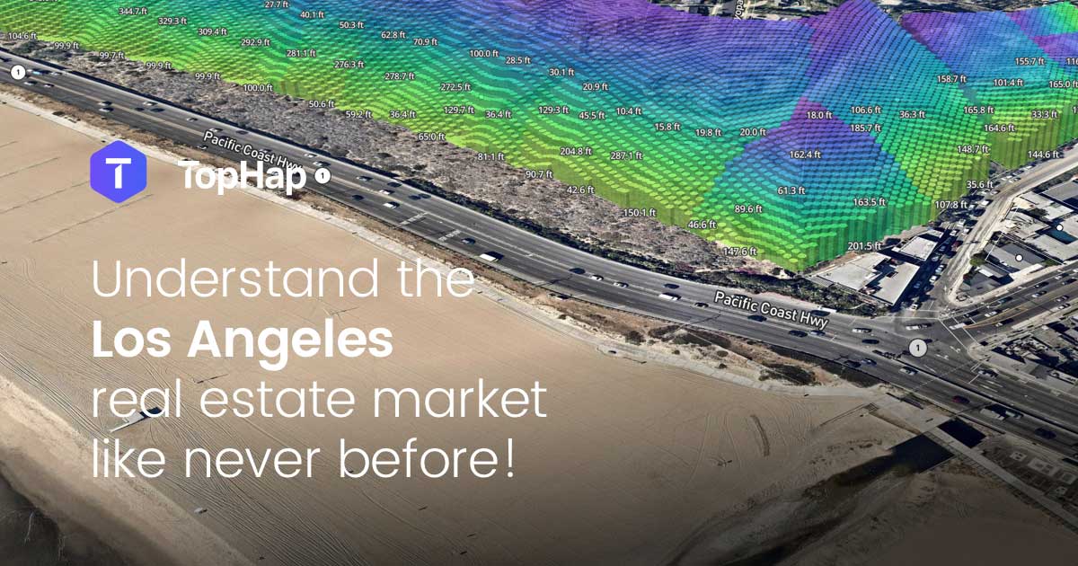 TopHap real estate analytics visualization showing Los Angeles coastal topography, elevation data, and geographic market insights.