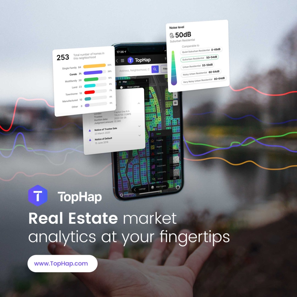 TopHap Mobile Real Estate Market Analytics Campaign TopHap mobile real estate analytics interface with neighborhood property data, noise levels, housing statistics, and interactive map insights.