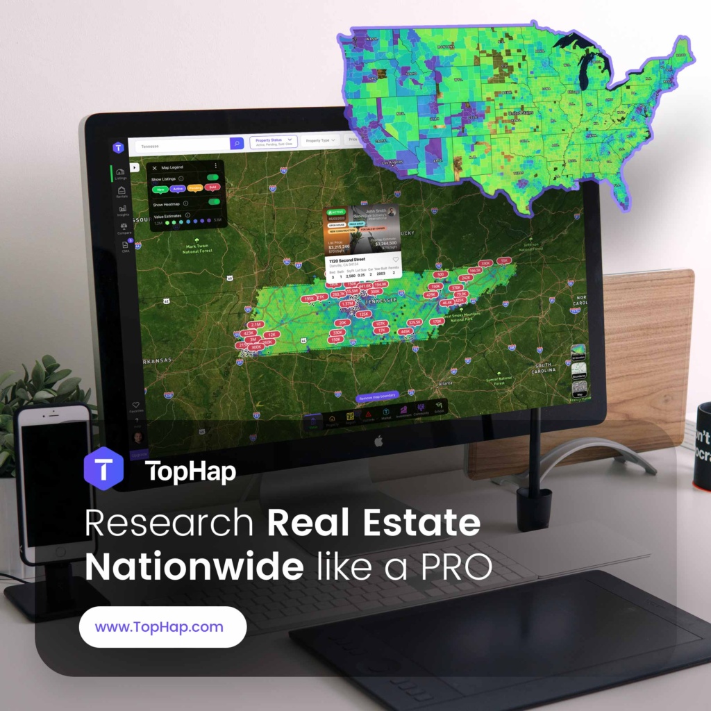 TopHap Nationwide Real Estate Market Research Design TopHap real estate analytics platform showing nationwide property data, interactive maps, and regional market insights across the United States.