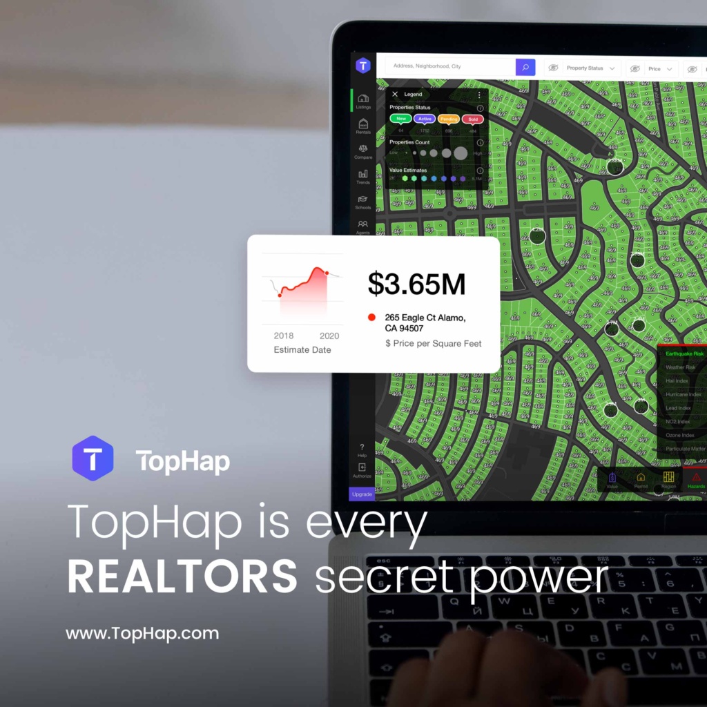 TopHap Property Valuation and Real Estate Data Marketing Design TopHap real estate platform showing an interactive property map and home value estimate interface designed for real estate professionals.