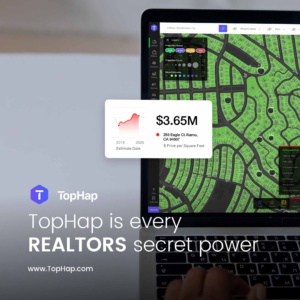 TopHap real estate platform showing an interactive property map and home value estimate interface designed for real estate professionals.