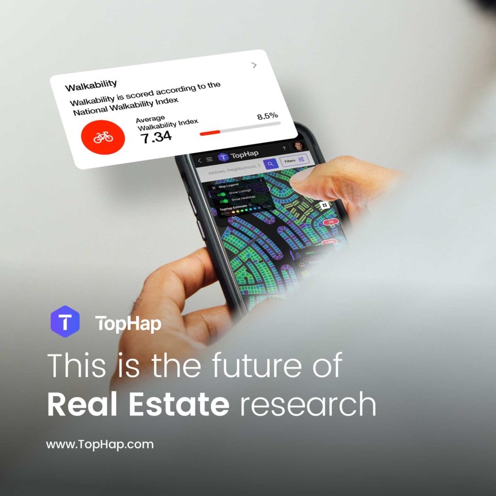 TopHap Mobile Real Estate Research Marketing Design TopHap mobile real estate research interface showing an interactive property map and walkability analytics on a smartphone.