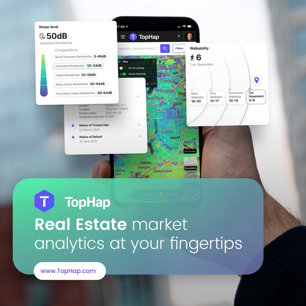TopHap Neighborhood Analytics Mobile Marketing Design TopHap mobile real estate analytics interface showing neighborhood heat maps, noise levels, walkability data, and property information.
