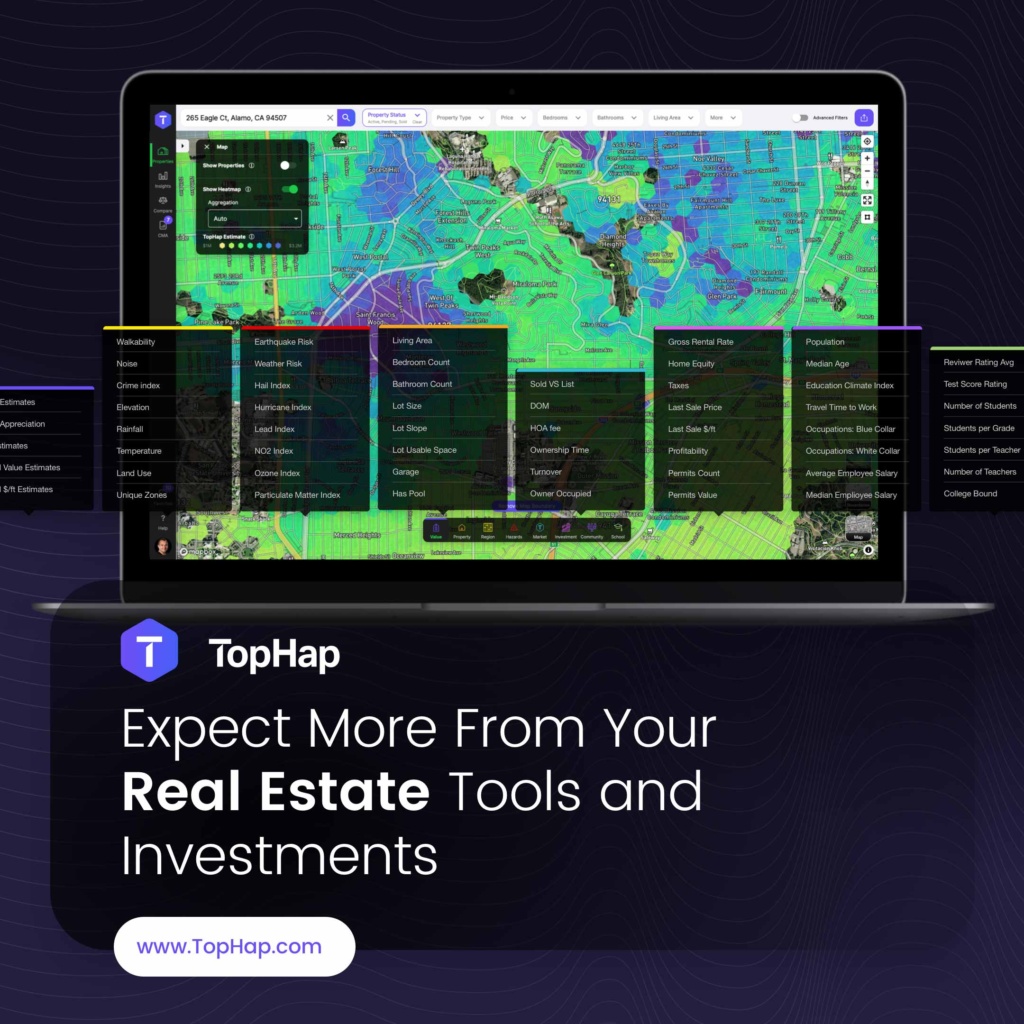 TopHap Real Estate Analytics Platform Marketing Design TopHap real estate analytics platform shown on a laptop with interactive heat maps, property data, and market intelligence metrics.