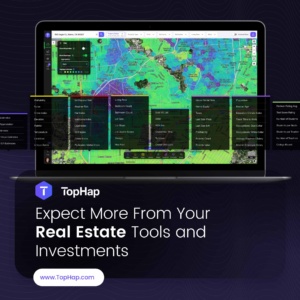 TopHap real estate analytics platform shown on a laptop with interactive heat maps, property data, and market intelligence metrics.