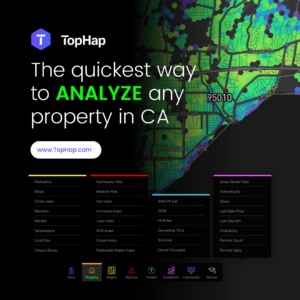 TopHap real estate analytics interface showing a California property heat map with environmental, market, investment, and neighborhood data categories.