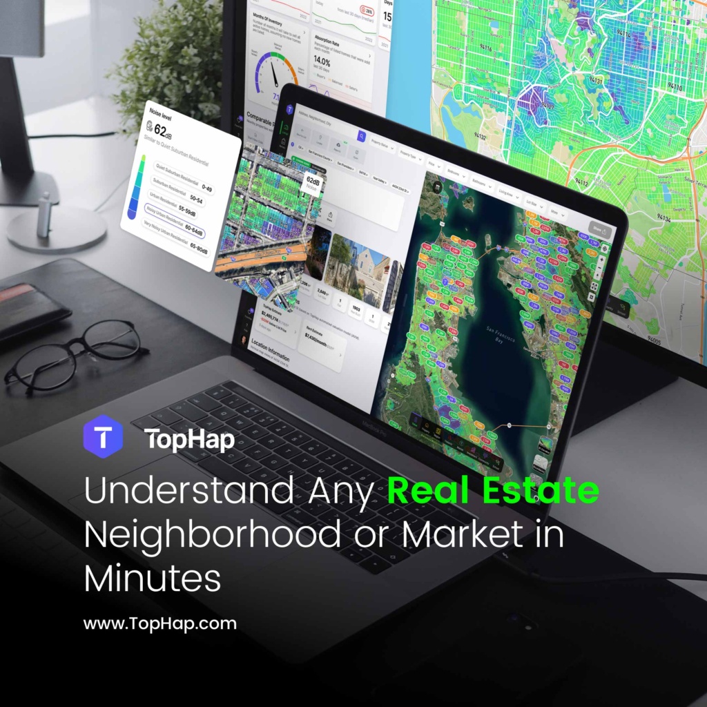 TopHap Real Estate Analytics Marketing Campaign TopHap real estate analytics platform displayed across laptop and desktop screens with property data, heat maps, and neighborhood insights.
