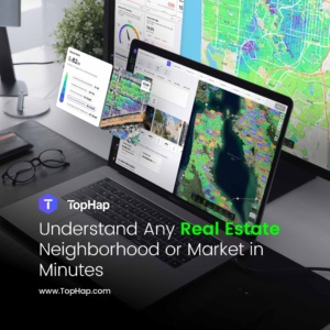 TopHap real estate analytics platform displayed across laptop and desktop screens with property data, heat maps, and neighborhood insights.