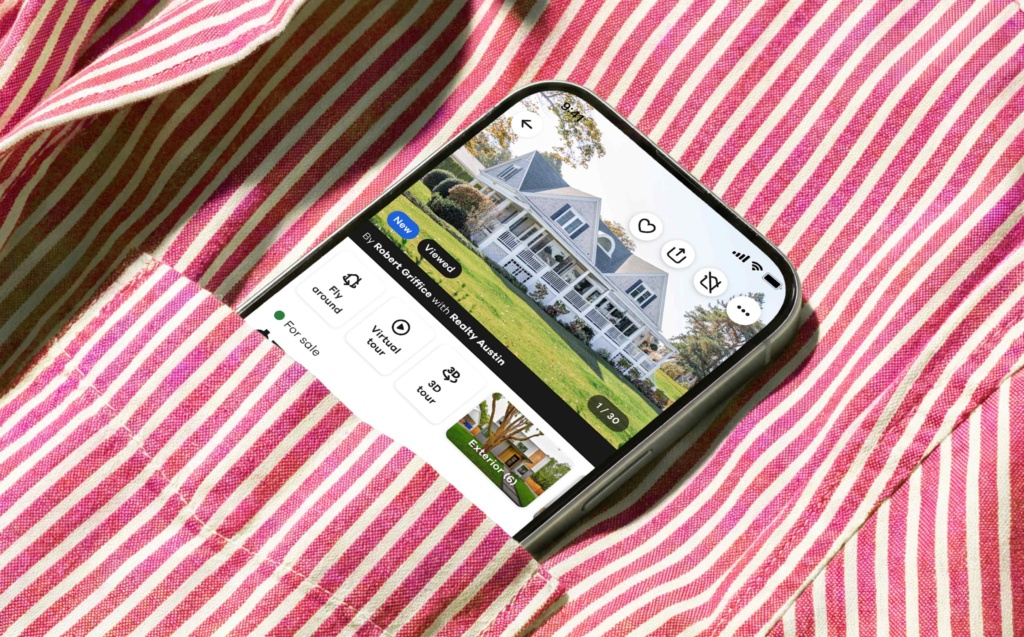 Realtor.com iOS property details page showing a home listing with FlyAround, virtual tour, and 3D tour options.