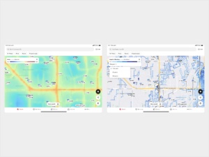 Realtor.com iPad interface showing TopHap-powered dynamic map layers for noise levels and flood depth alongside property listings.