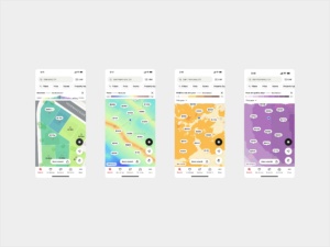 Realtor.com mobile screens showing TopHap-powered dynamic map layers for property estimates, noise, wildfire risk, and poor air quality days.