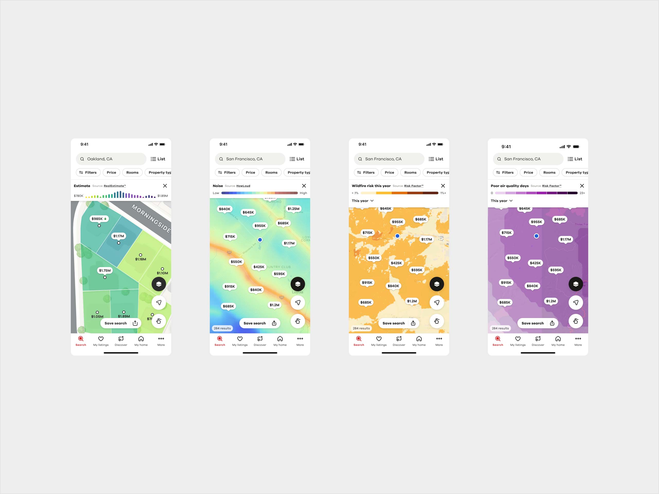 Realtor.com mobile screens showing TopHap-powered dynamic map layers for property estimates, noise, wildfire risk, and poor air quality days.