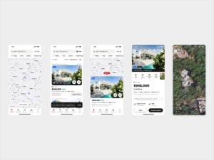 Realtor.com mobile flow showing map search, listing results, property details, and the FlyAround aerial property experience.