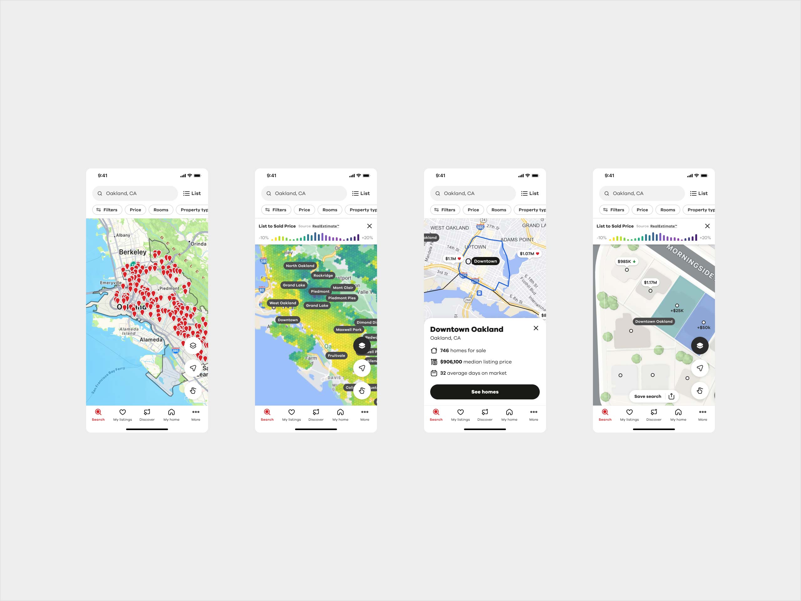 Realtor.com mobile screens showing TopHap-powered neighborhood exploration, List-to-Sold Price map layers, neighborhood boundaries, and local market statistics in Oakland.
