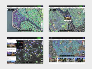 TopHap web platform showing parcel-level property analytics, color-coded valuation heat maps, listing markers, property cards, and map-based search results.