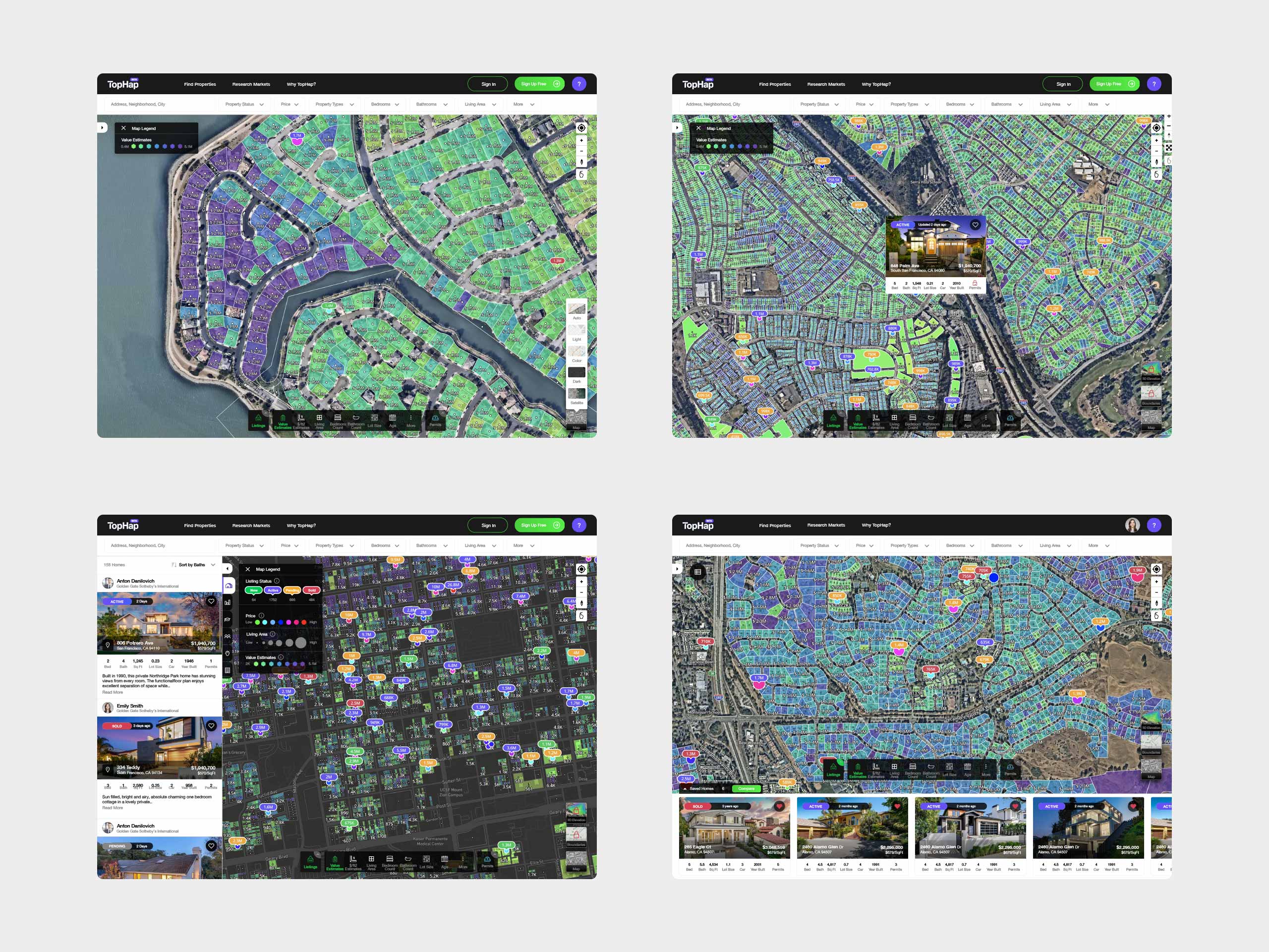TopHap web platform showing parcel-level property analytics, color-coded valuation heat maps, listing markers, property cards, and map-based search results.