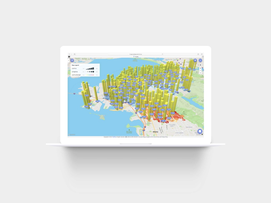 Early TopHap web application concept showing a 3D map of property listings with extruded data columns, price labels, and real estate analytics across the San Francisco Bay Area.