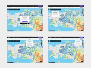 TopHap web application onboarding screens introducing map-based property search, analytical data layers, search filters, and customizable map settings.