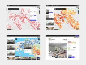 Early TopHap web application designs showing advanced property filters, heat-map analytics, listing results, map-based search, and a detailed property page with valuation insights.