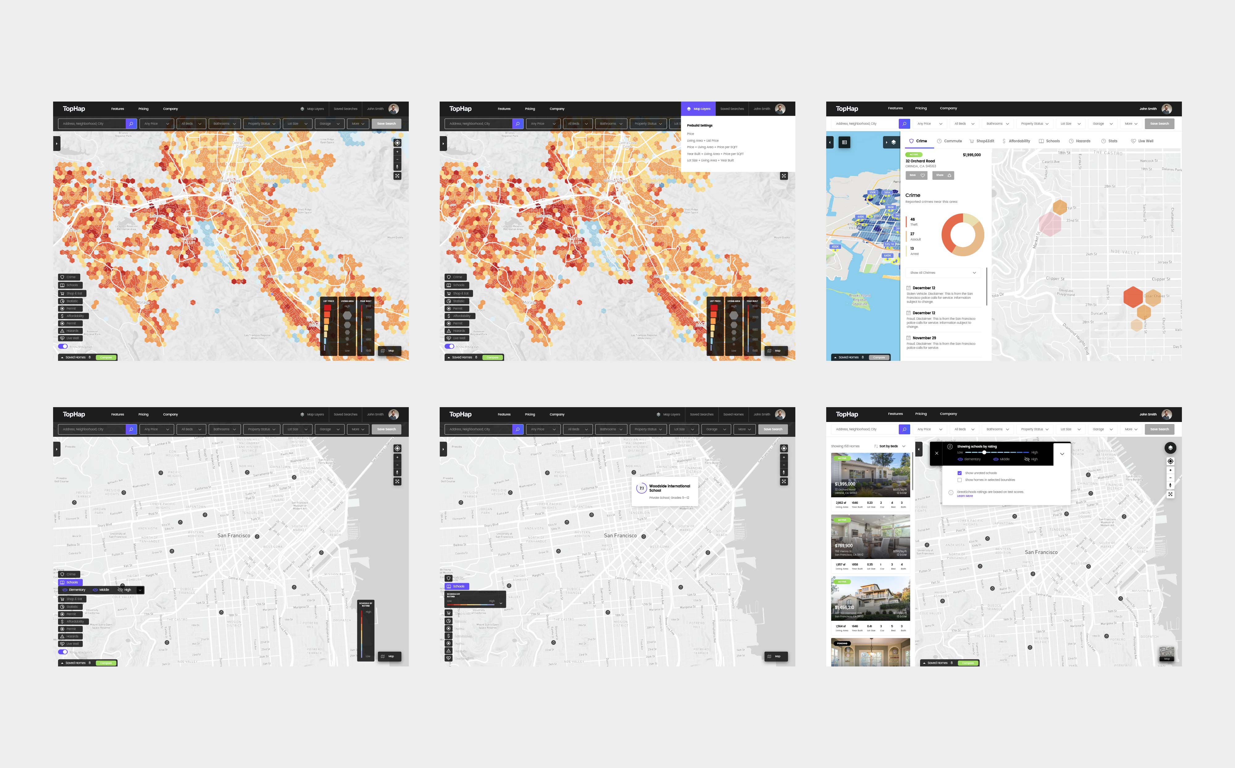 Early TopHap web application interface concepts showing map-based property search, heat-map analytics, crime data, school ratings, map styling, and listing filters.