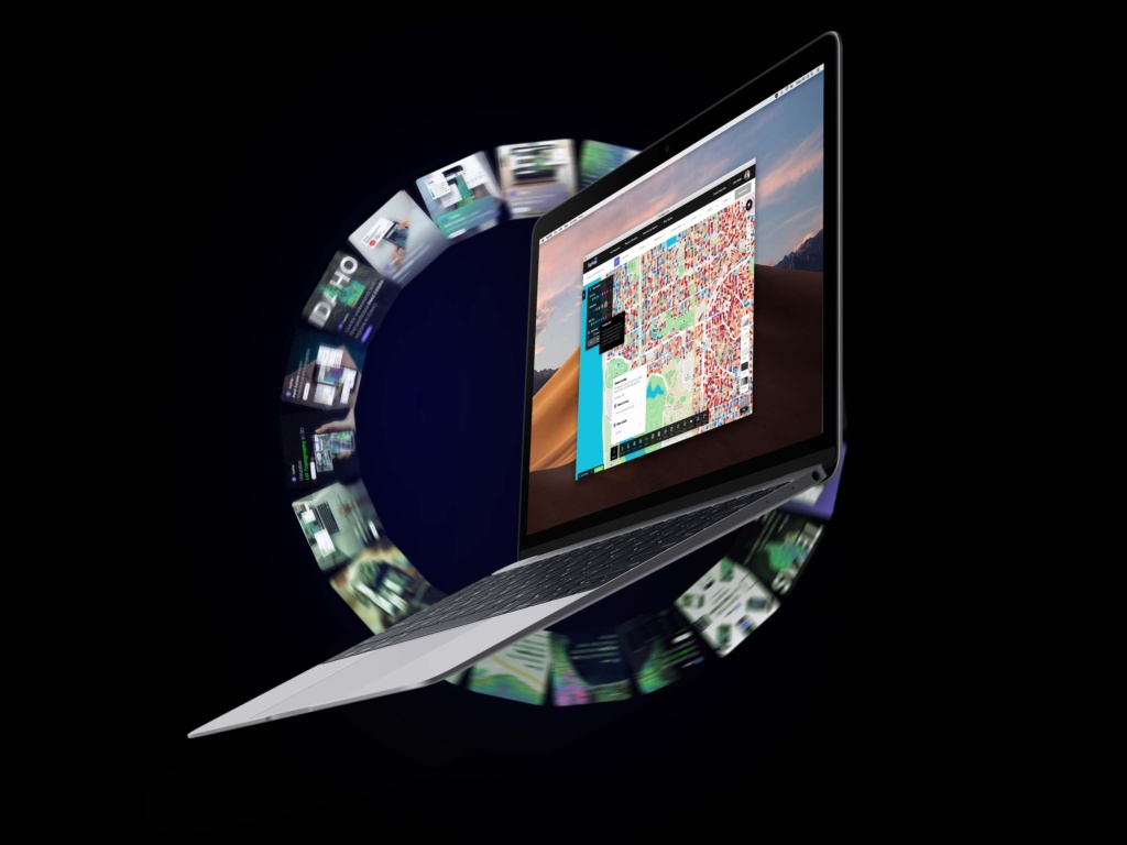 TopHap desktop platform presented on a laptop with a circular sequence of product, marketing, and interface visuals representing the evolution of the real estate intelligence ecosystem.