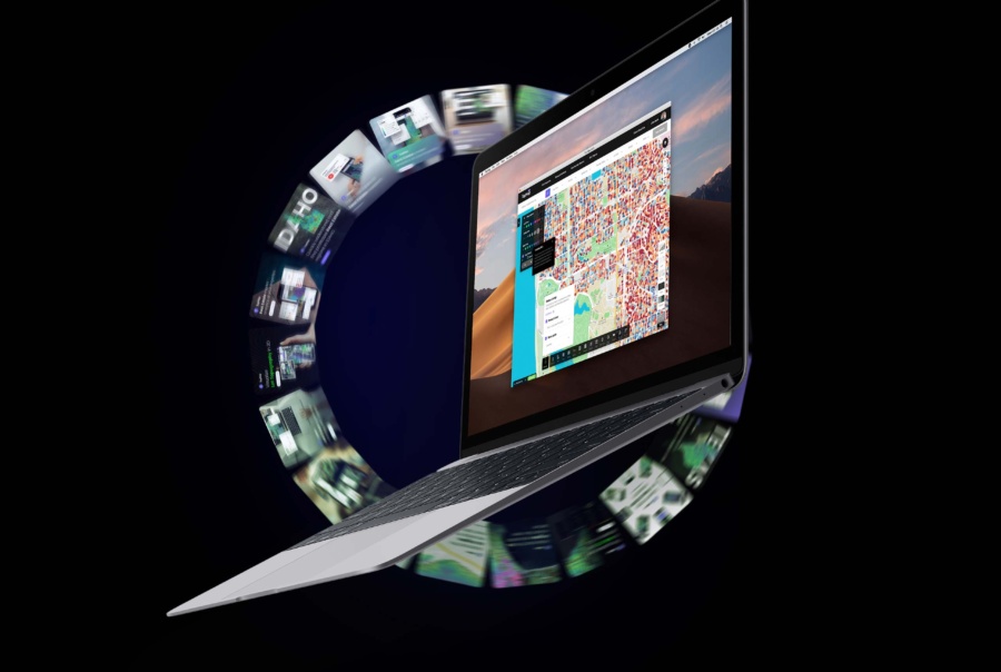 TopHap desktop platform presented on a laptop with a circular sequence of product, marketing, and interface visuals representing the evolution of the real estate intelligence ecosystem.