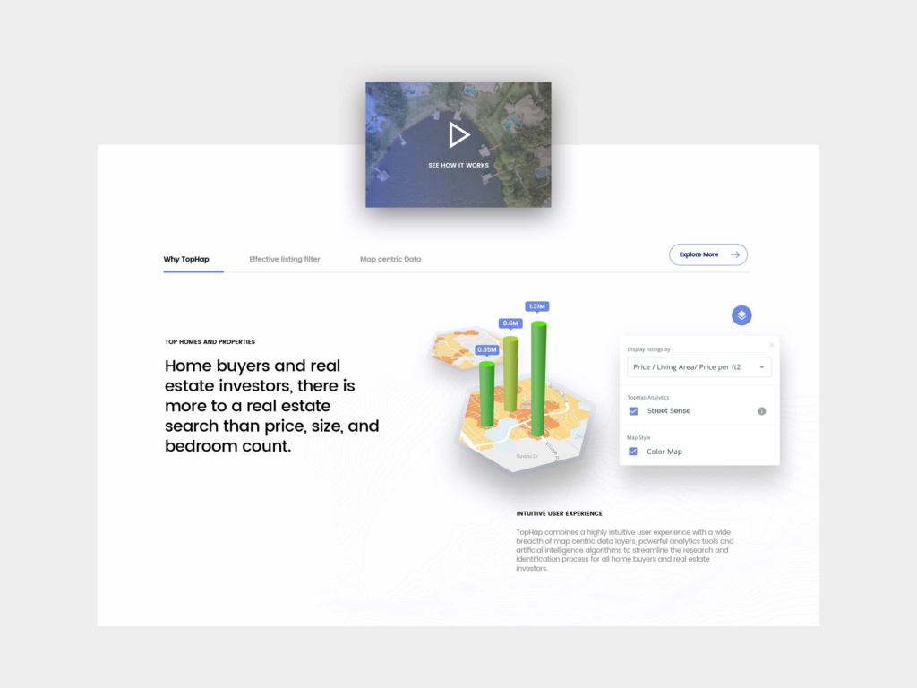 TopHap early website “Why TopHap” section presenting map-centric real estate analytics, property search filters, and data visualization.