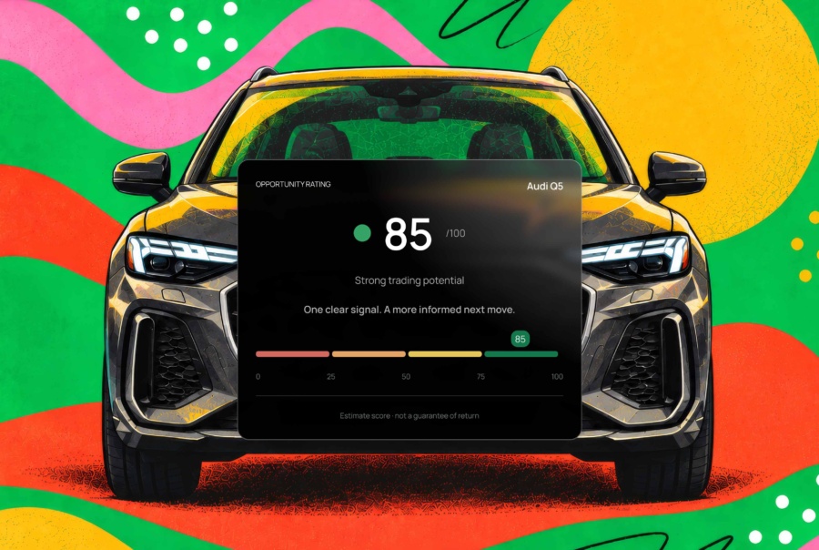 Illustration of an Audi Q5 with an Opportunity Rating of 85/100, indicating strong trading potential.